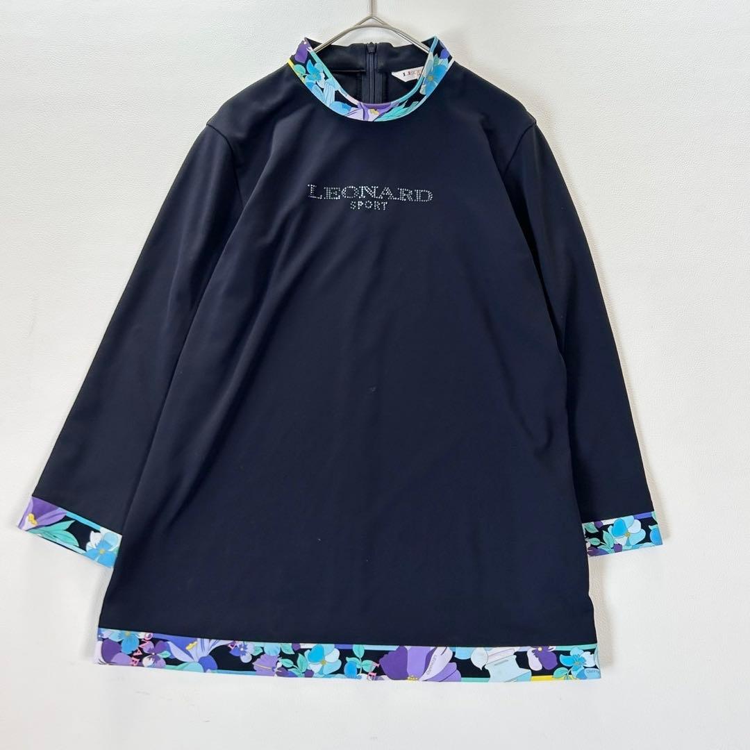 レオナール 長袖チュニック 花柄トリム ラインストーン ネイビー