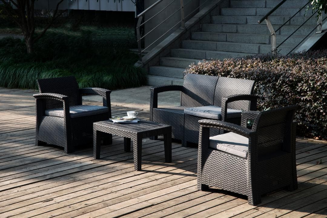 ラタン調ガーデンファニチャーセット 【本体ブラック×クッショングレー】