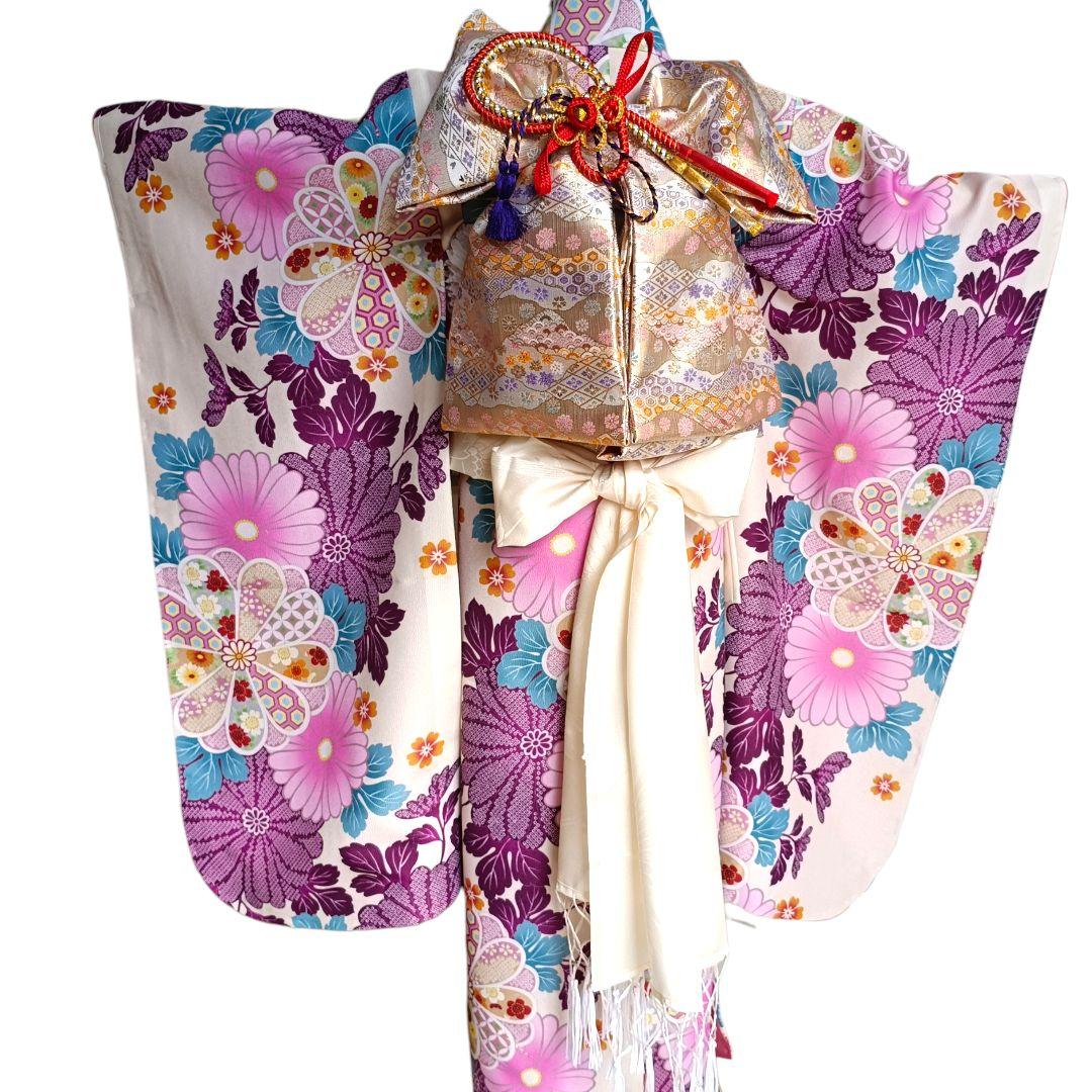 新品クリーム色に大きな花模様の着物と作り帯フルセット☆七五三