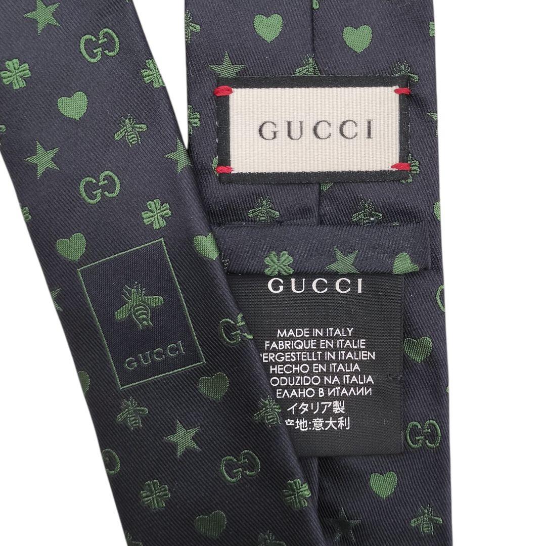 極美品　グッチ　ネクタイ　GG柄　ビー　ハート　クローバー　ジャガード　ネイビー