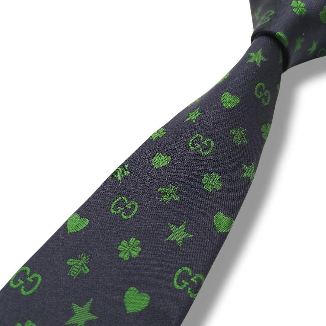 極美品　グッチ　ネクタイ　GG柄　ビー　ハート　クローバー　ジャガード　ネイビー