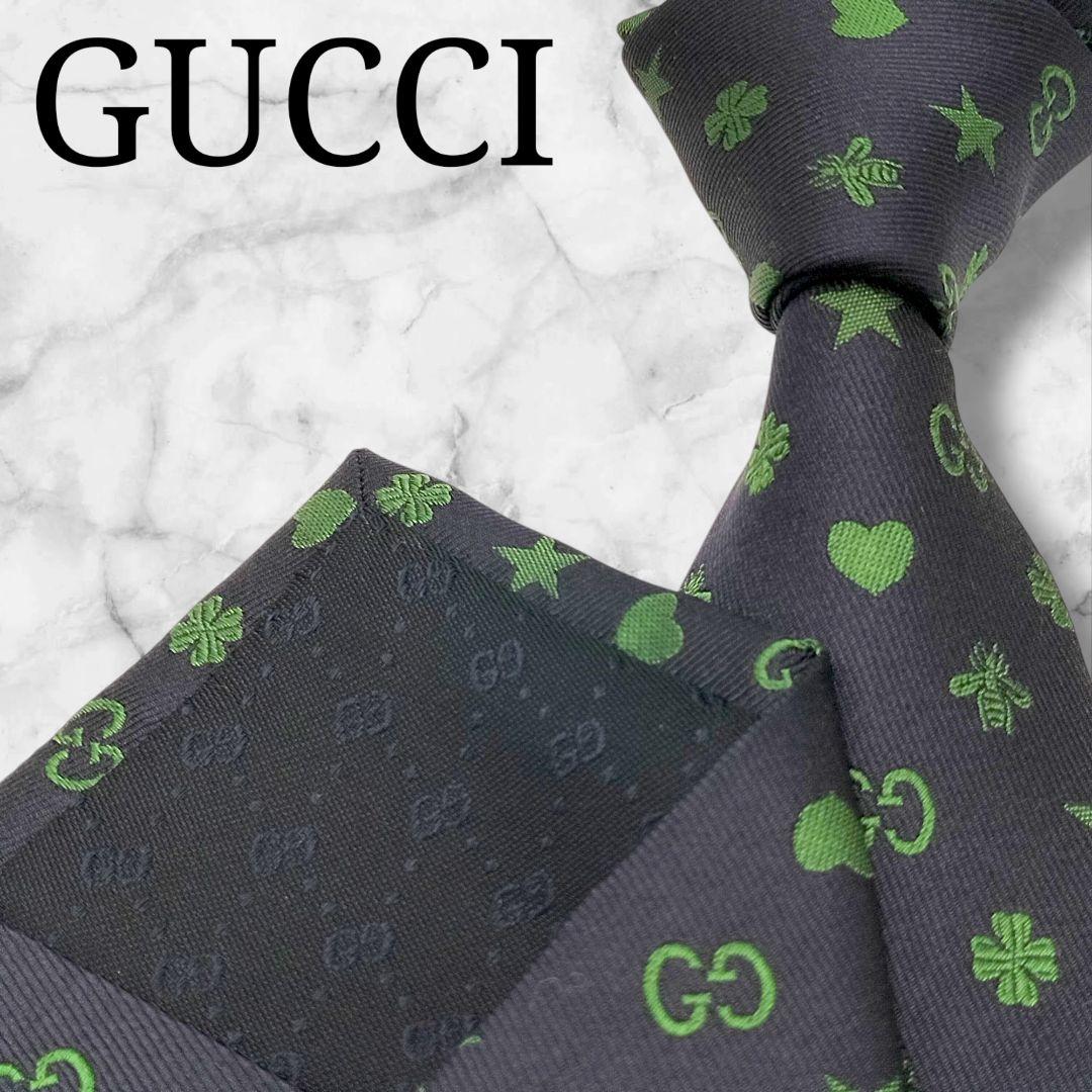 極美品　グッチ　ネクタイ　GG柄　ビー　ハート　クローバー　ジャガード　ネイビー