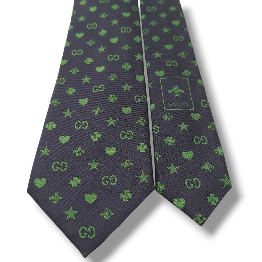 極美品　グッチ　ネクタイ　GG柄　ビー　ハート　クローバー　ジャガード　ネイビー