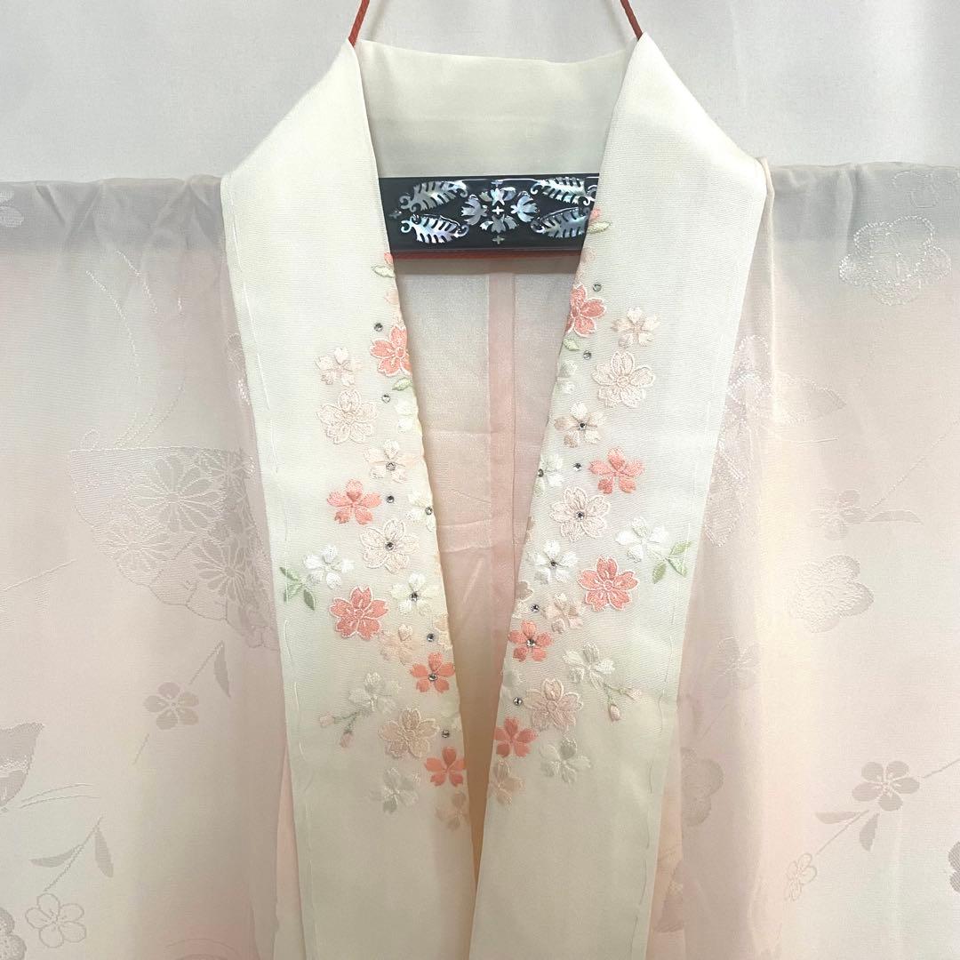 5k772 長襦袢　正絹　単衣　振袖用　刺繍　ピンク　白　花柄　和装　着物