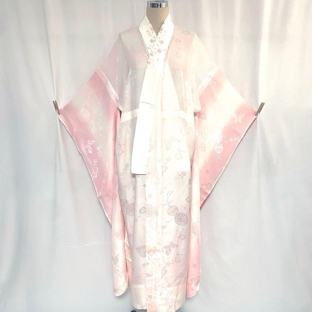5k772 長襦袢　正絹　単衣　振袖用　刺繍　ピンク　白　花柄　和装　着物