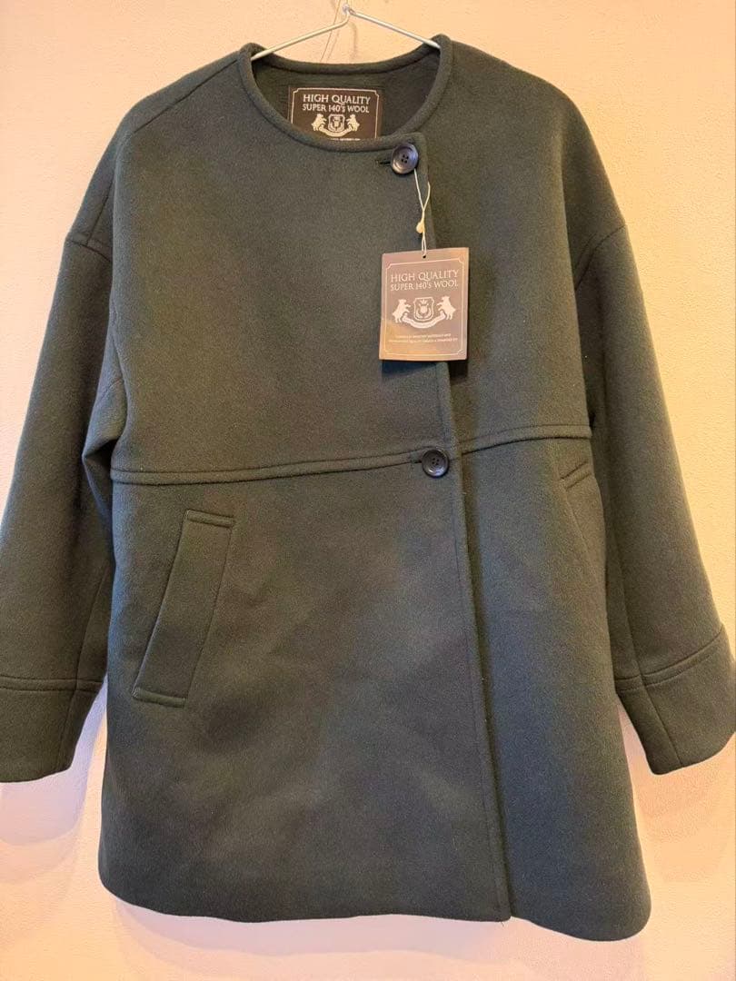 スーパー140ビーバーノーカラーミドルコート グリーン36