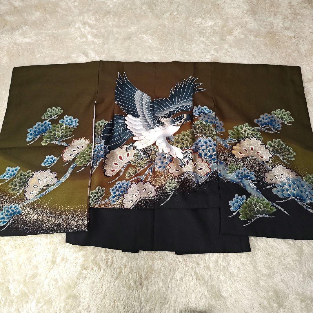 七五三 男の子 5歳 6点セット 着物 袴 紋付羽織 鷹 黒 草履 日本製