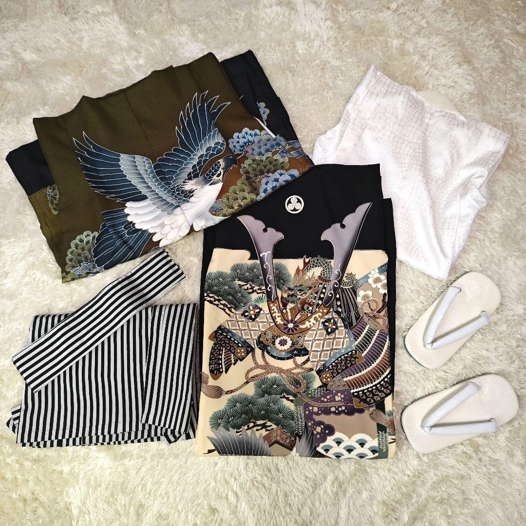 七五三 男の子 5歳 6点セット 着物 袴 紋付羽織 鷹 黒 草履 日本製