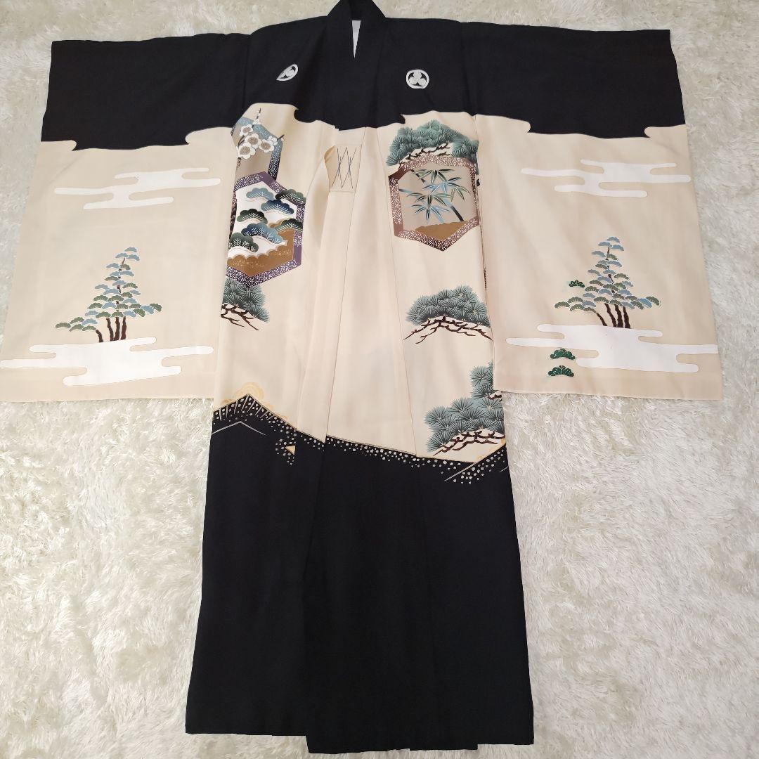 七五三 男の子 5歳 6点セット 着物 袴 紋付羽織 鷹 黒 草履 日本製