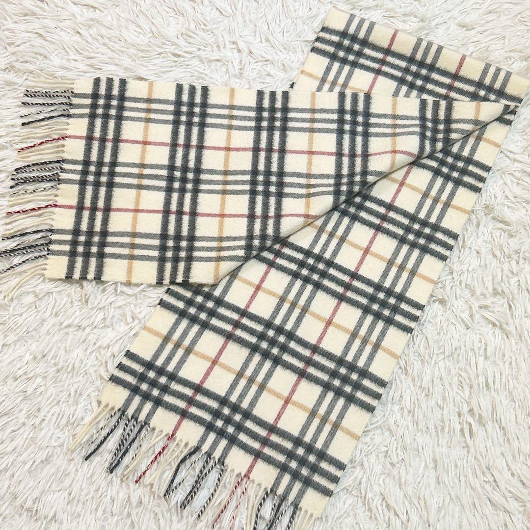 美品　BURBERRY バーバリー カシミヤ100 ノバチェック柄 マフラー 白