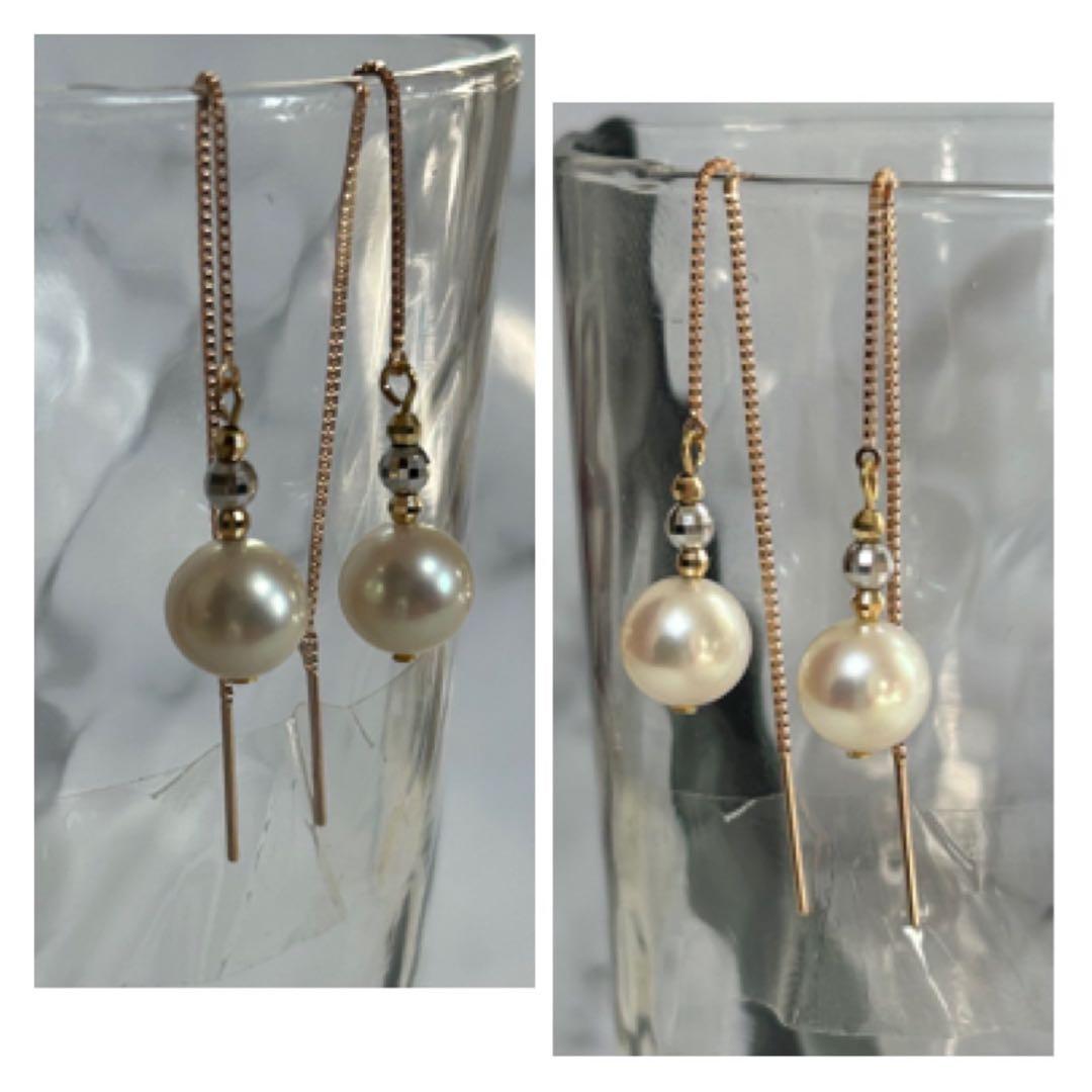 (M0111-2)K18アコヤ花珠真珠3ゴールドアメリカンピアス