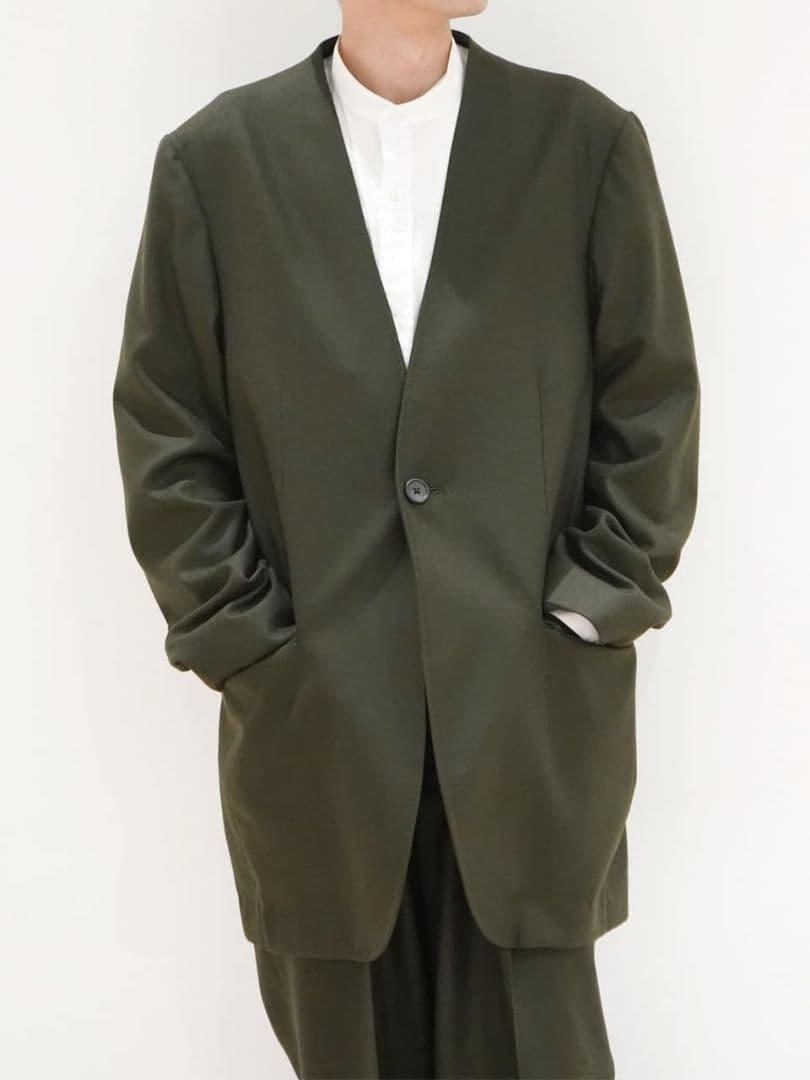 【新品未使用品】RAINMAKER ノーカラーロングジャケット ダークオリーブ