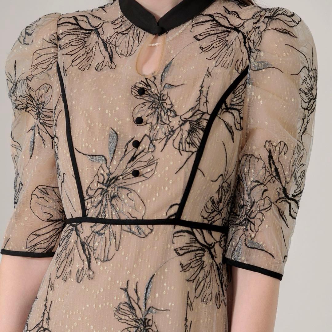 Leja 配色パイピングプチハイネック花柄刺繍ラメレースロング丈　M