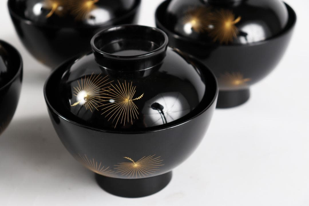 輪島塗 吸物椀 飛花沈金 高出英次　黒 5客　天然漆 天然木