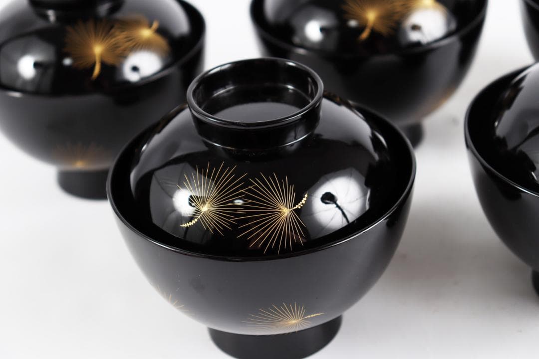 輪島塗 吸物椀 飛花沈金 高出英次　黒 5客　天然漆 天然木