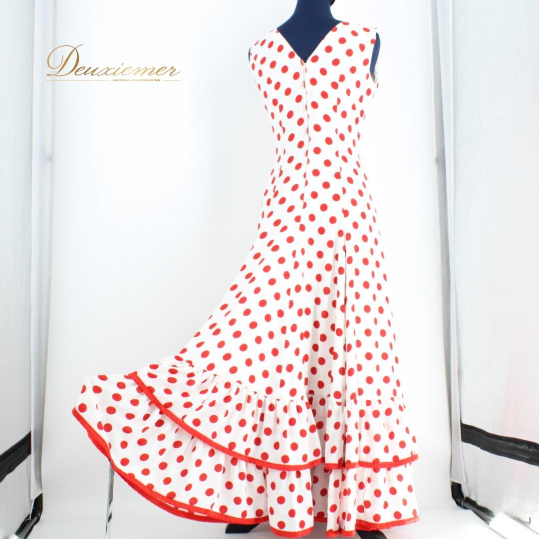 【フラメンコ衣装】ホワイト ワンピース ドレス ドット 赤 レッド ボランテ
