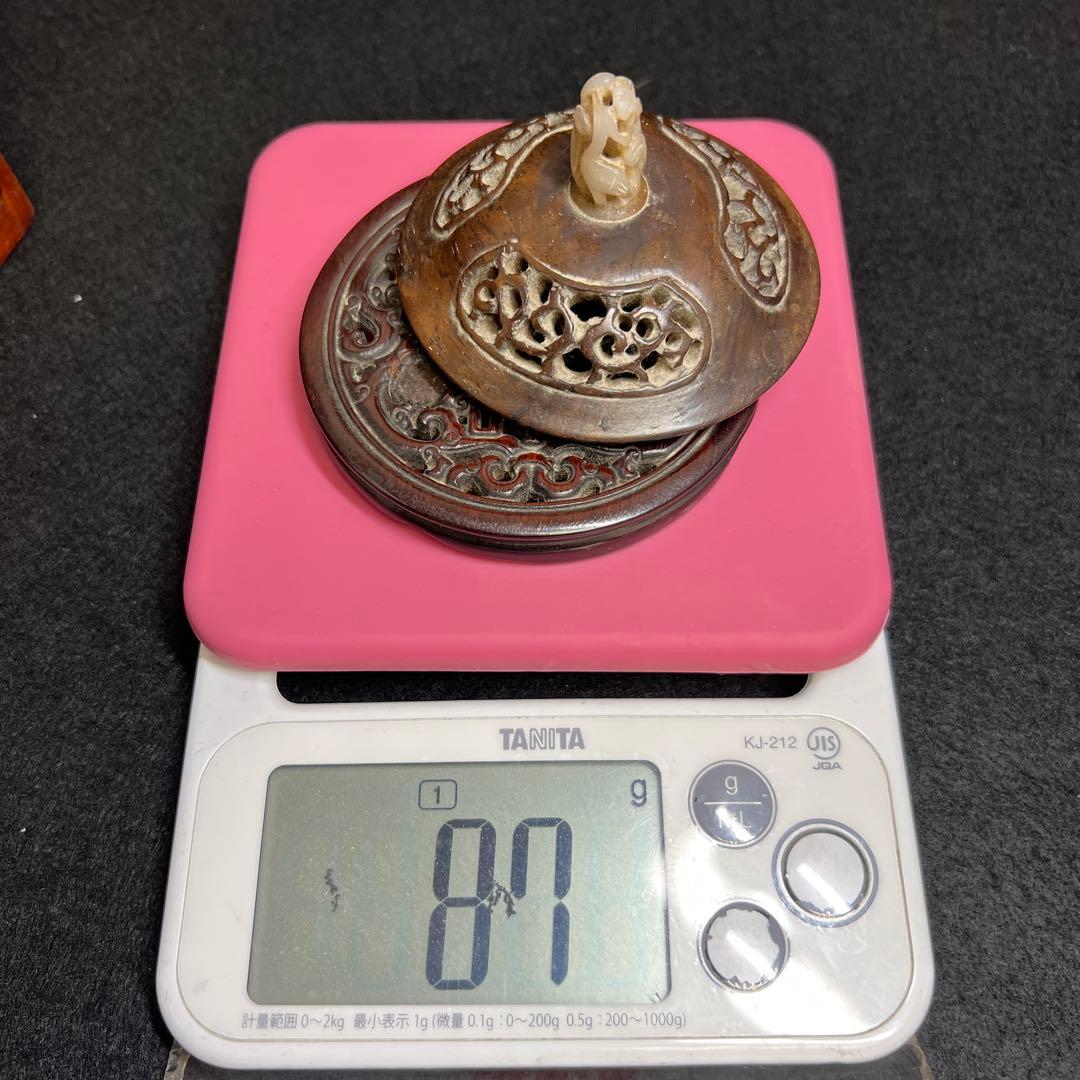 中国明時代　龍泉窯　白砡摘唐木台青磁香炉　木箱付　東Y8-0128☆2Fトカサ