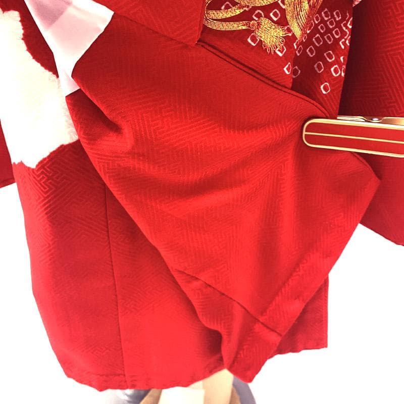 509ag37■七五三 三歳 部分絞着り 着物&お召被布&長襦袢 金駒刺繍■