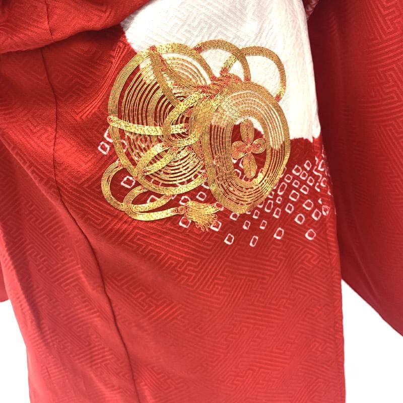 509ag37■七五三 三歳 部分絞着り 着物&お召被布&長襦袢 金駒刺繍■