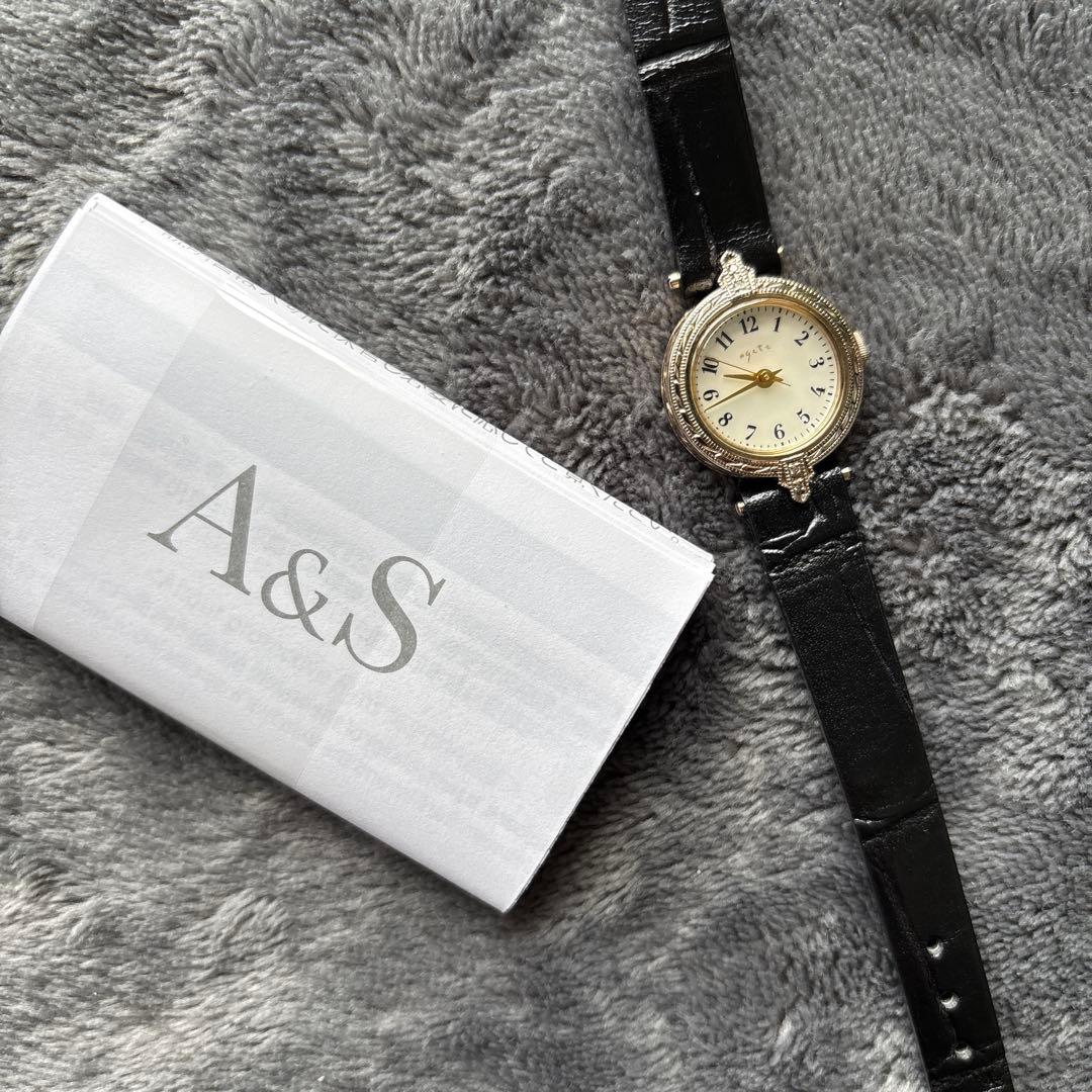 Agete 【希少】アガット レディース文字盤 ブラックレザー腕時計