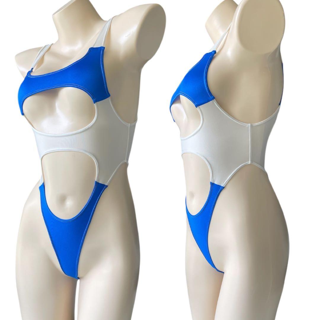 レオタード　ハイレグ　穴あき　パールブルー×シアーホワイト