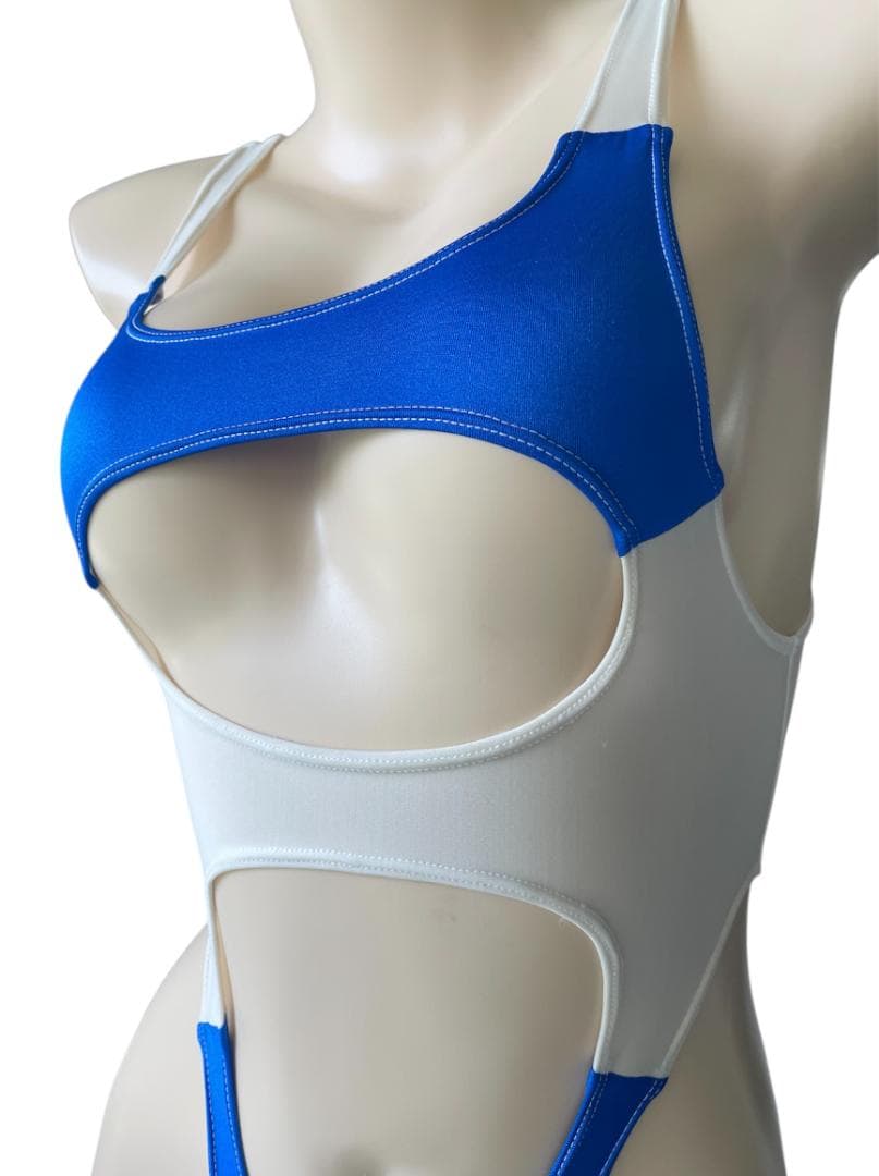 レオタード　ハイレグ　穴あき　パールブルー×シアーホワイト