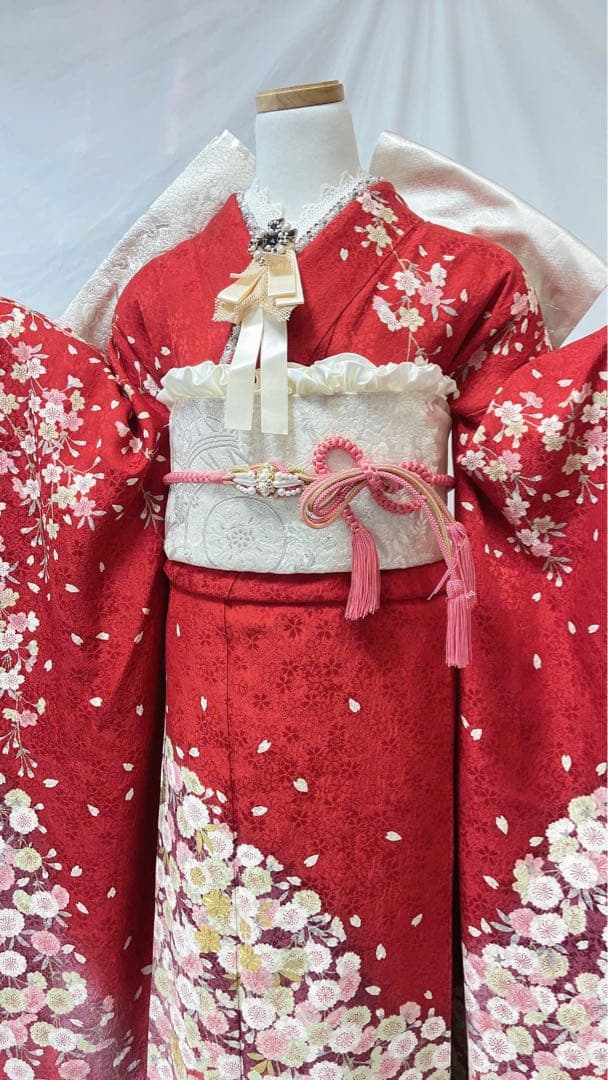 桜柄 赤 振袖 正絹　振袖フルセット　成人式　　振袖7点セット