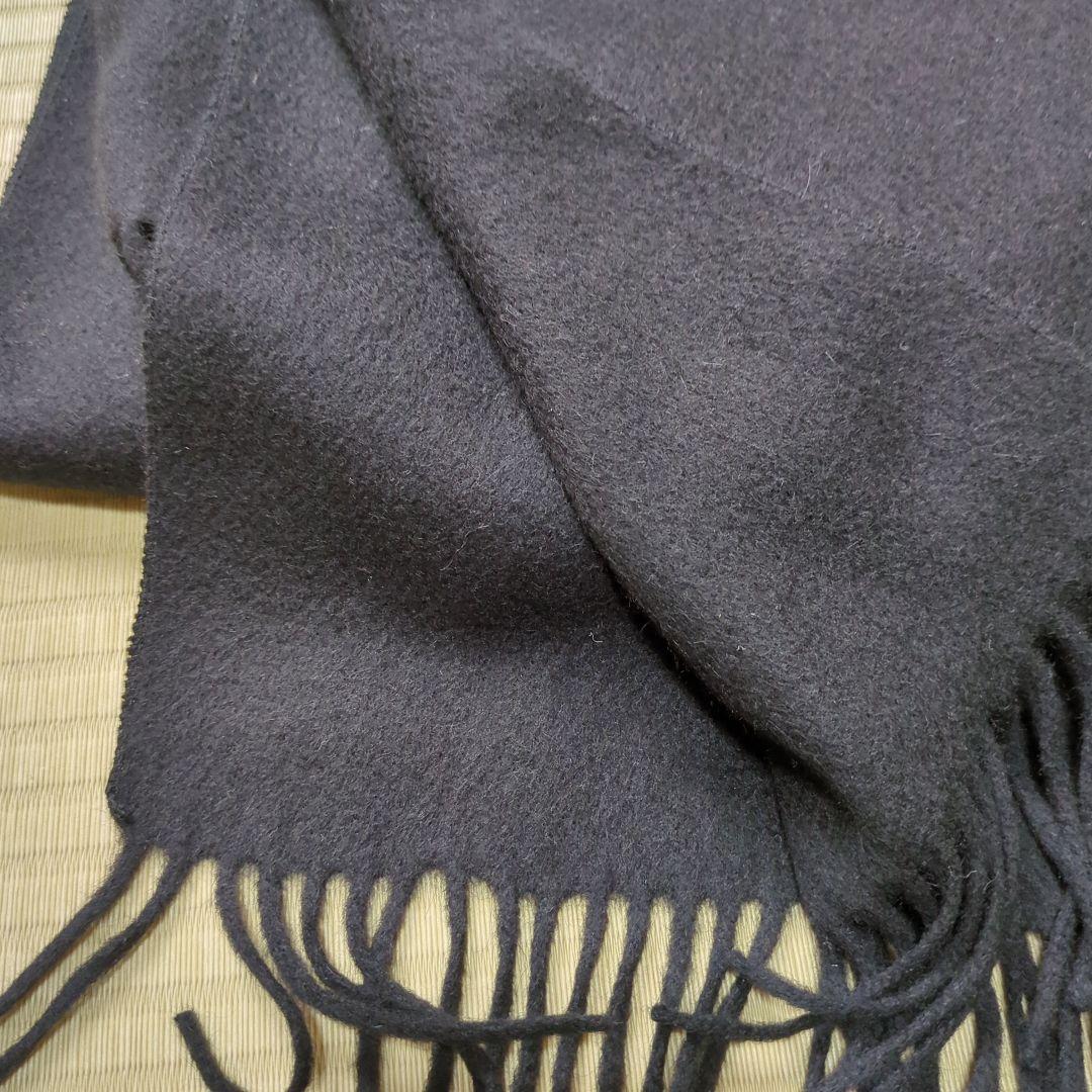 カシミヤストール大判 黒フリンジ付き　約180×72　日本製カシミヤ100%