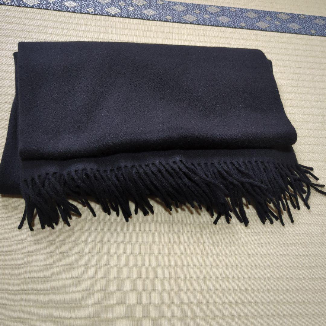 カシミヤストール大判 黒フリンジ付き　約180×72　日本製カシミヤ100%