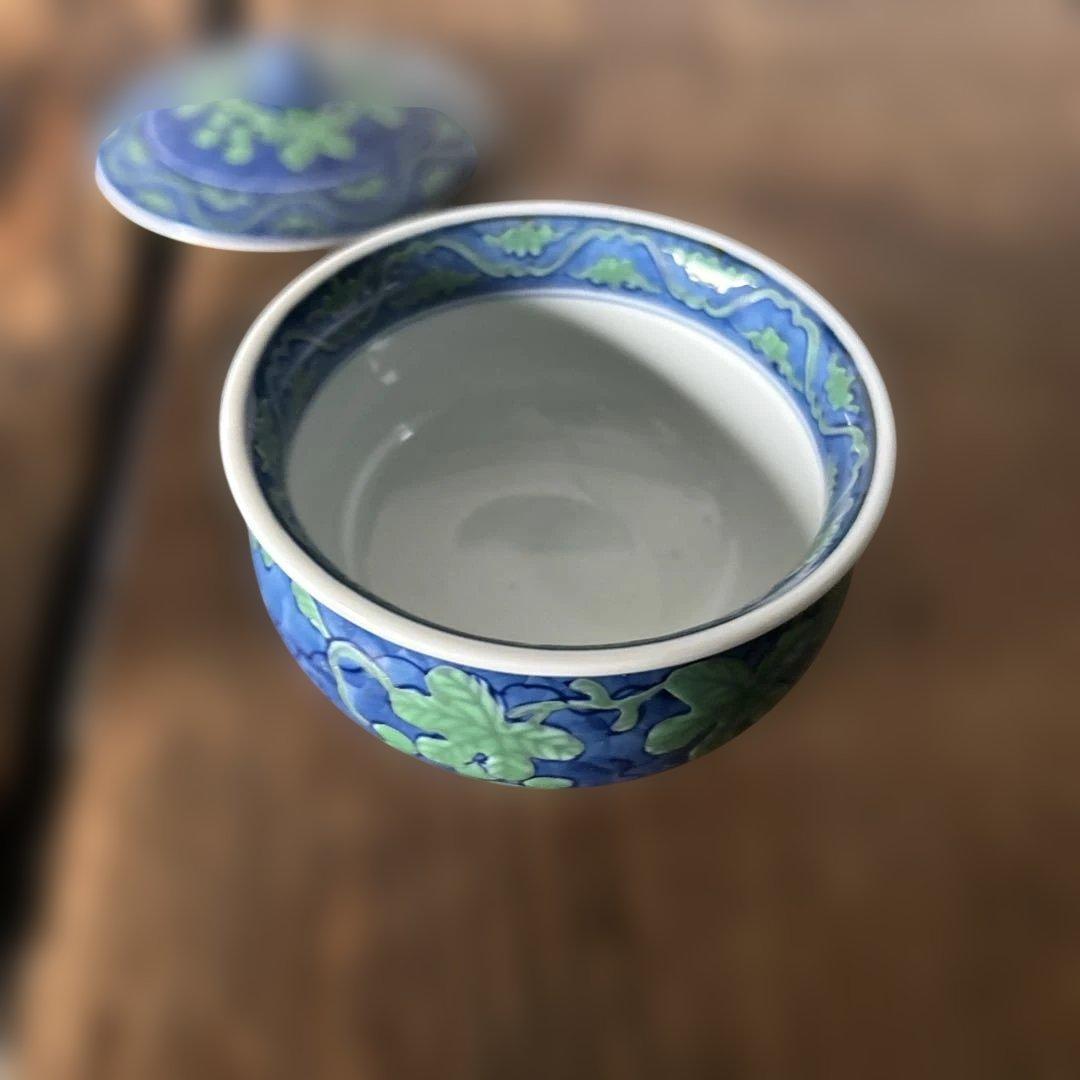 源右衛門窯 緑彩葡萄絵 湯呑 蓋付 2客