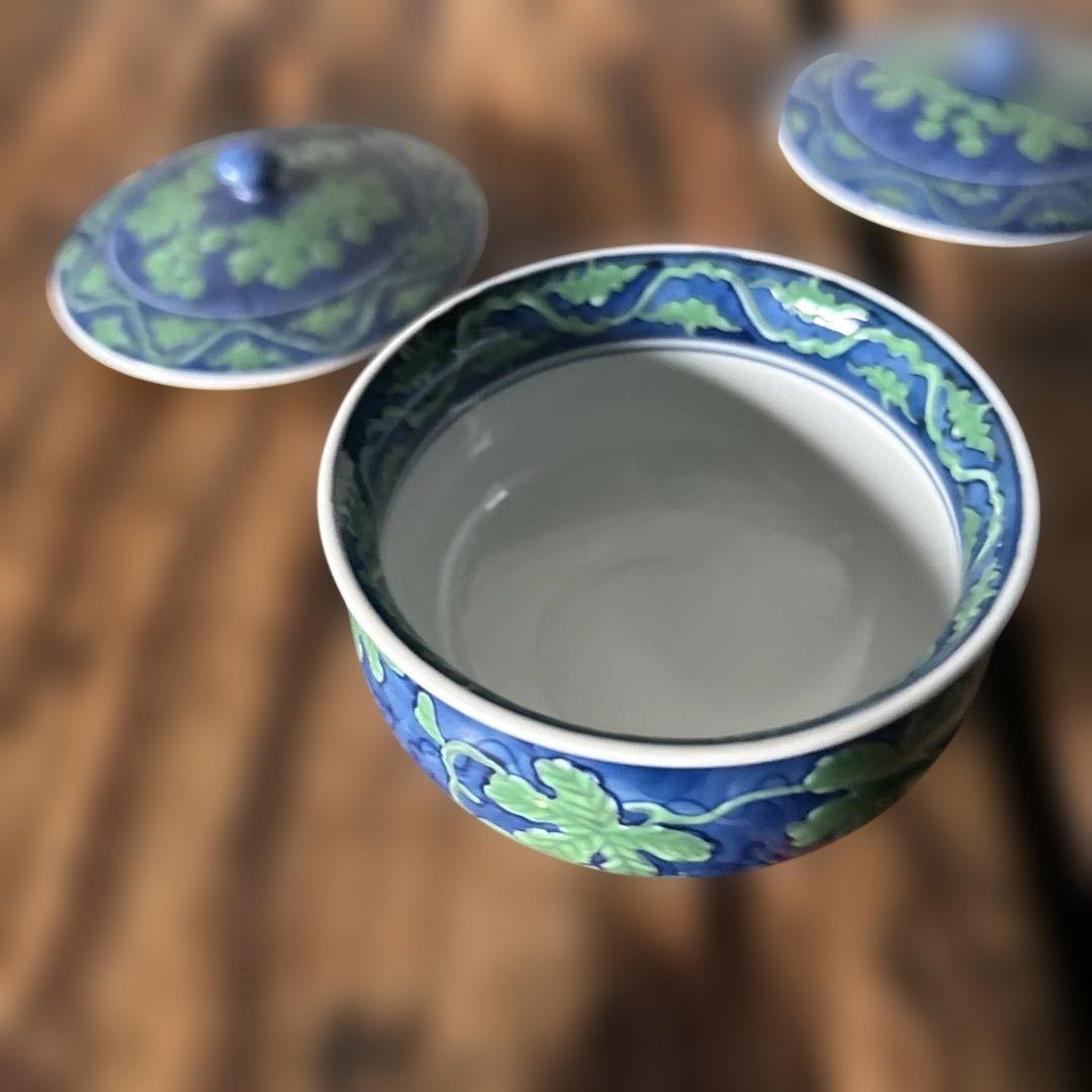 源右衛門窯 緑彩葡萄絵 湯呑 蓋付 2客
