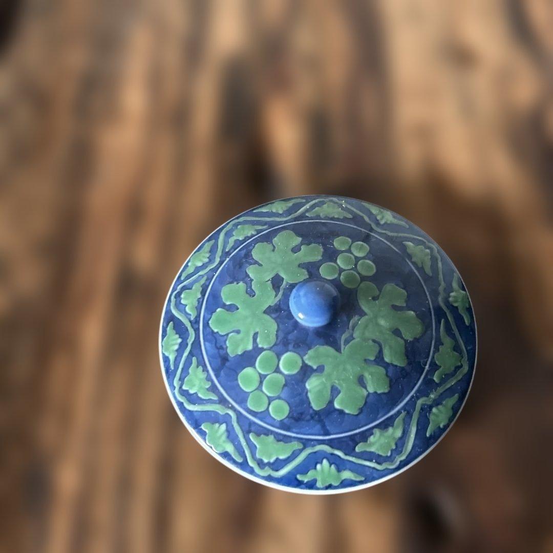 源右衛門窯 緑彩葡萄絵 湯呑 蓋付 2客