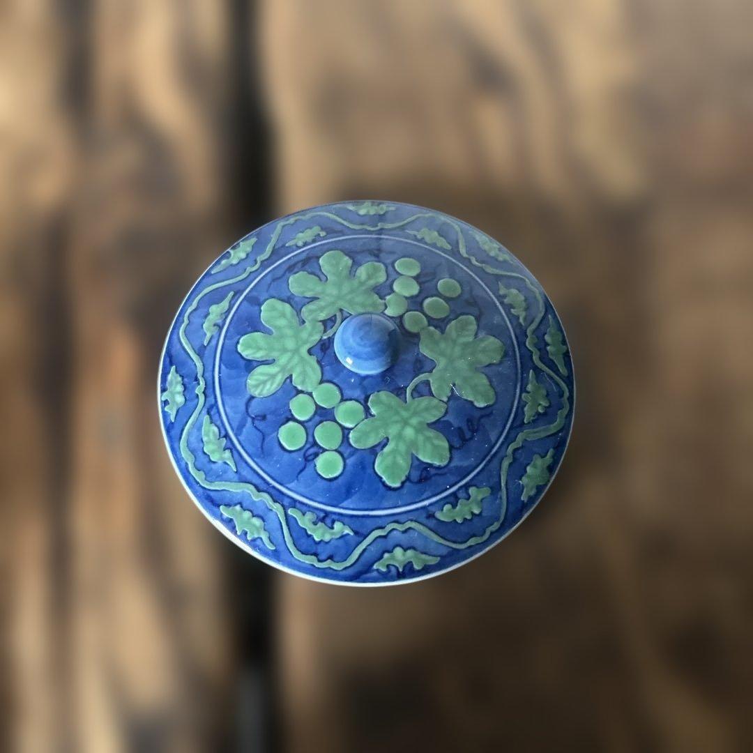 源右衛門窯 緑彩葡萄絵 湯呑 蓋付 2客