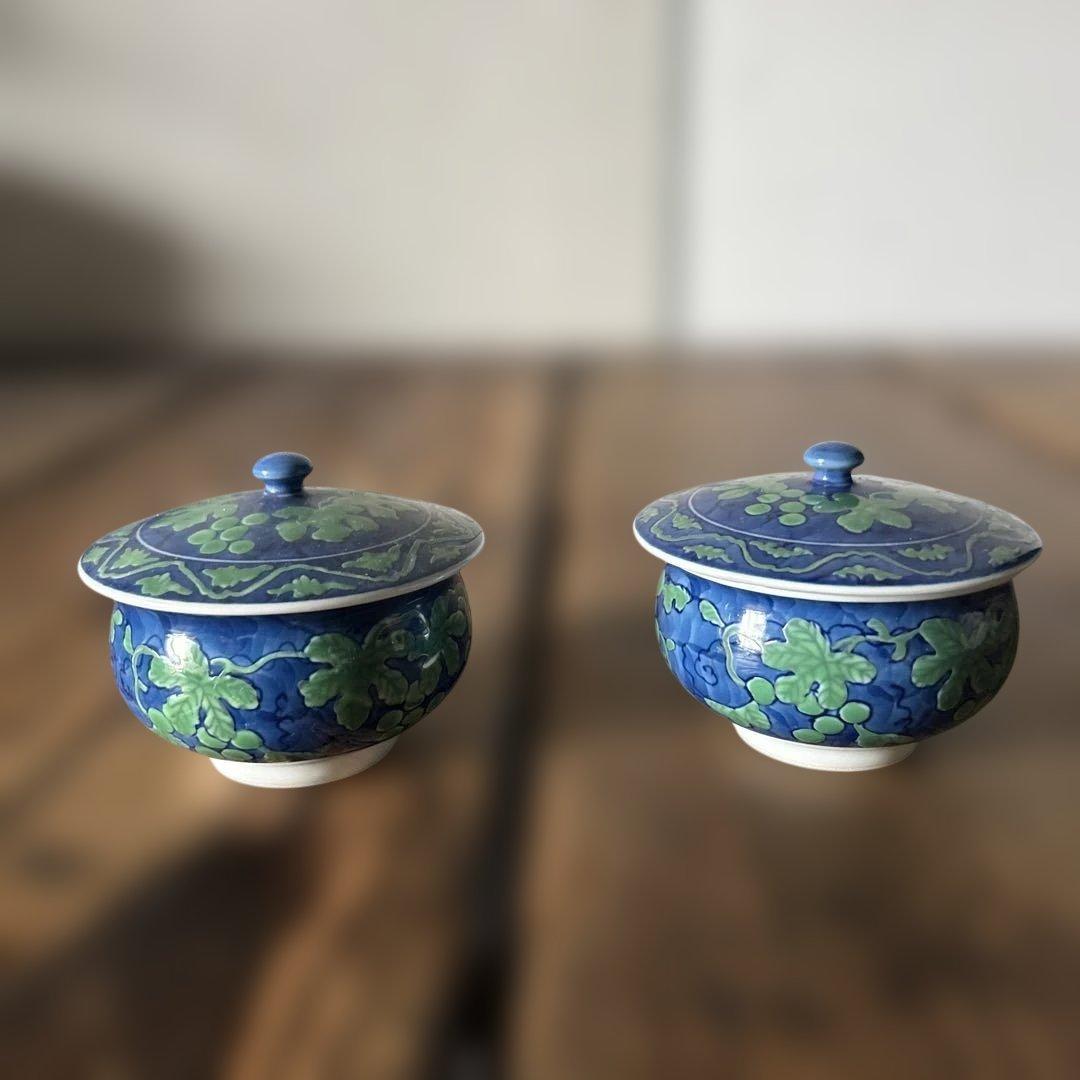 源右衛門窯 緑彩葡萄絵 湯呑 蓋付 2客