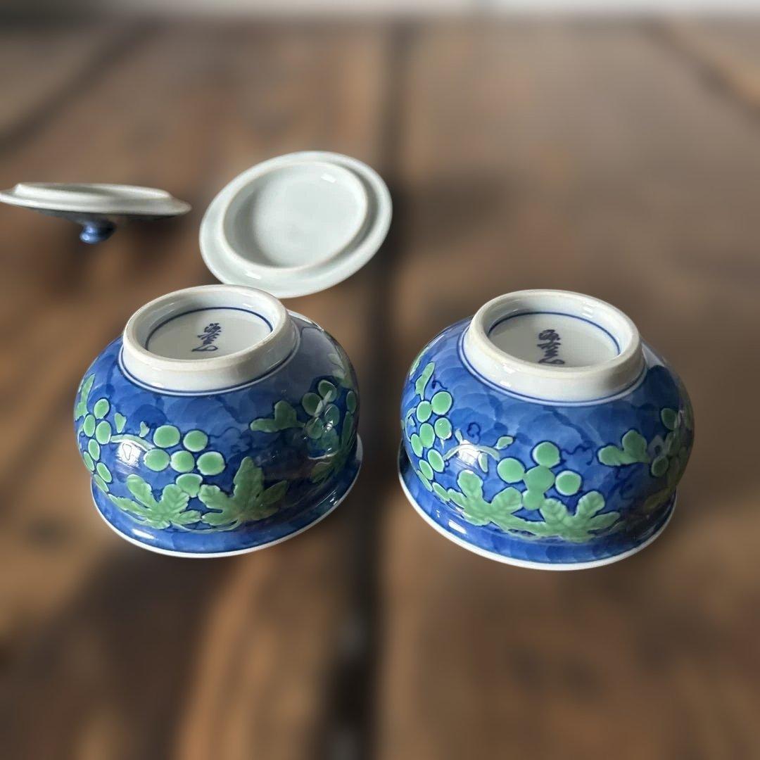 源右衛門窯 緑彩葡萄絵 湯呑 蓋付 2客