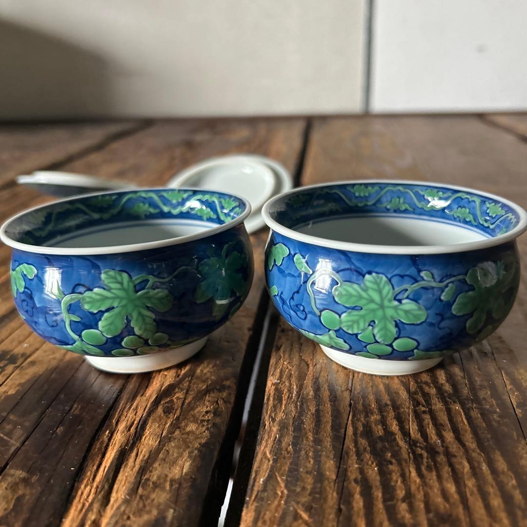 源右衛門窯 緑彩葡萄絵 湯呑 蓋付 2客