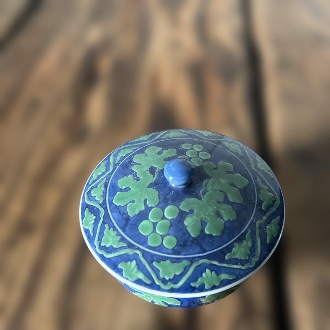 源右衛門窯 緑彩葡萄絵 湯呑 蓋付 2客