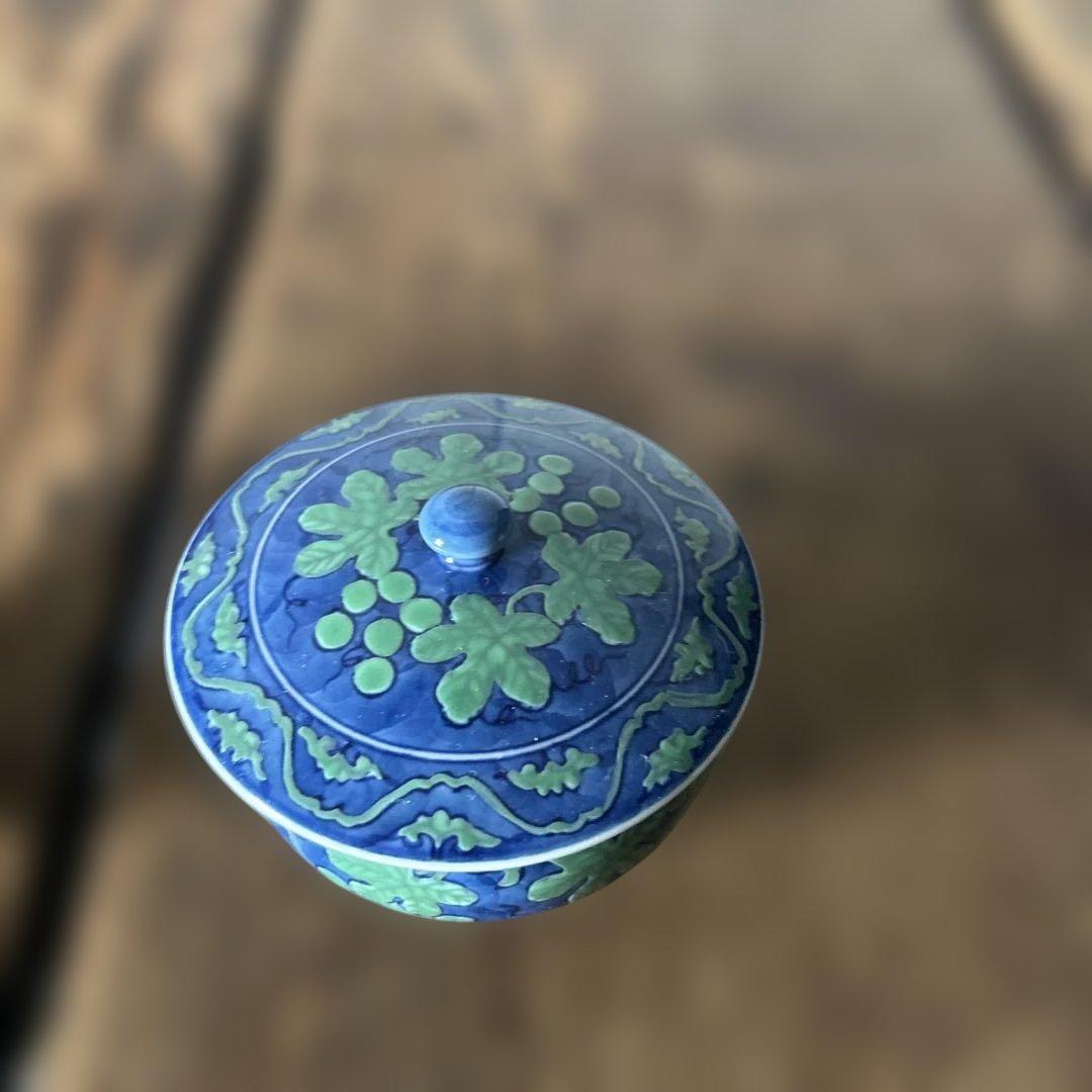 源右衛門窯 緑彩葡萄絵 湯呑 蓋付 2客