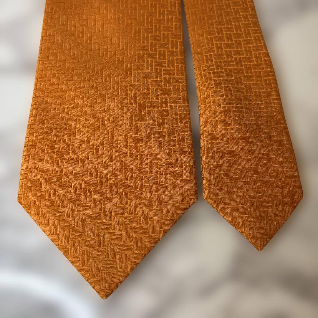 【極美品✨】HERMES ネクタイ　ファソネ　H柄　オレンジ　刺繍
