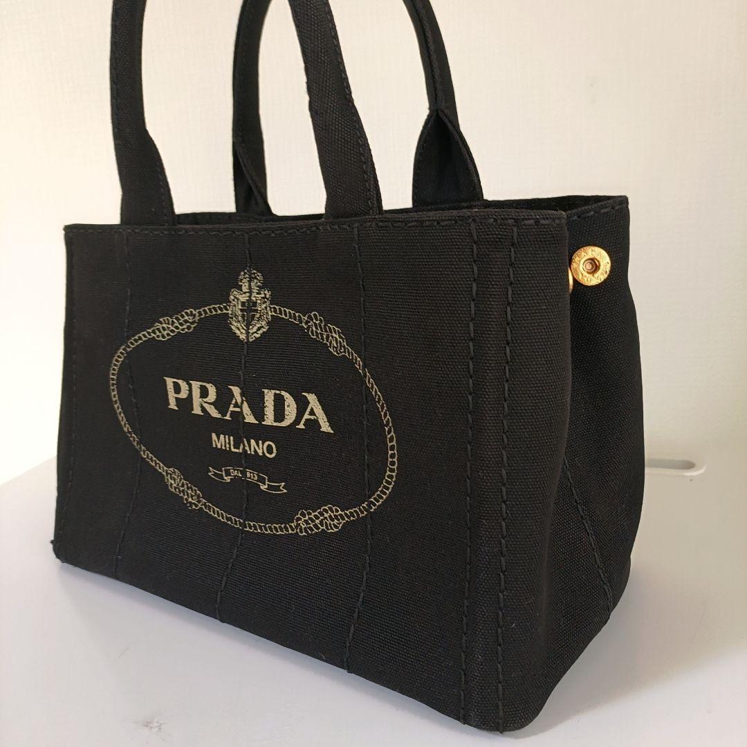 正規美品　プラダ　カナパ　ハンドバッグ　三角ロゴ　ゴールド金具　デニム　ブラック