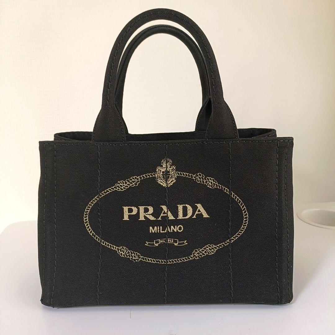 正規美品　プラダ　カナパ　ハンドバッグ　三角ロゴ　ゴールド金具　デニム　ブラック