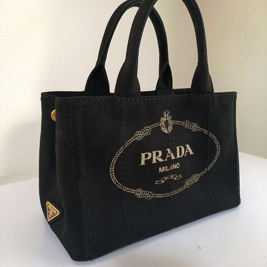 正規美品　プラダ　カナパ　ハンドバッグ　三角ロゴ　ゴールド金具　デニム　ブラック