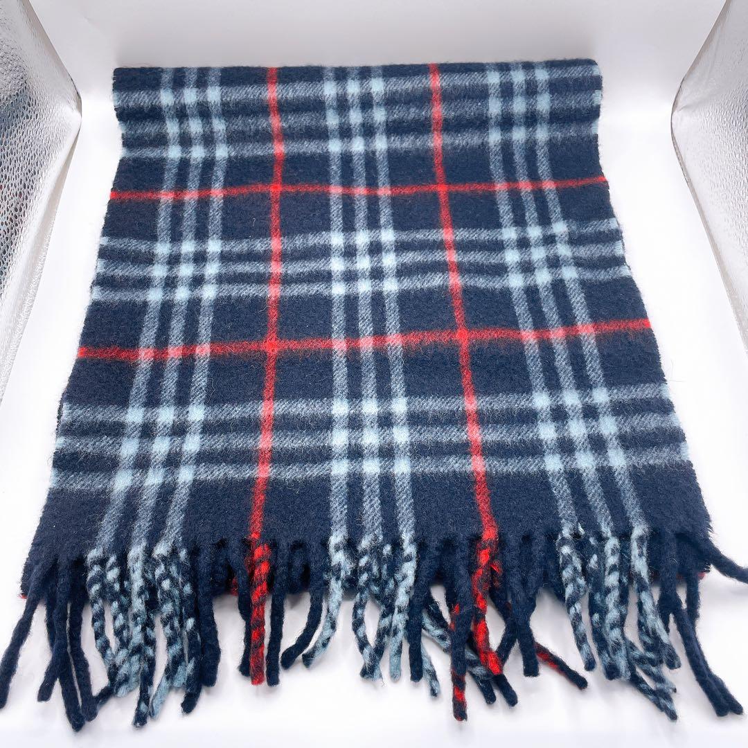 バーバリーズ カシミヤ100％ マフラー ノバチェック 英国製 ネイビー