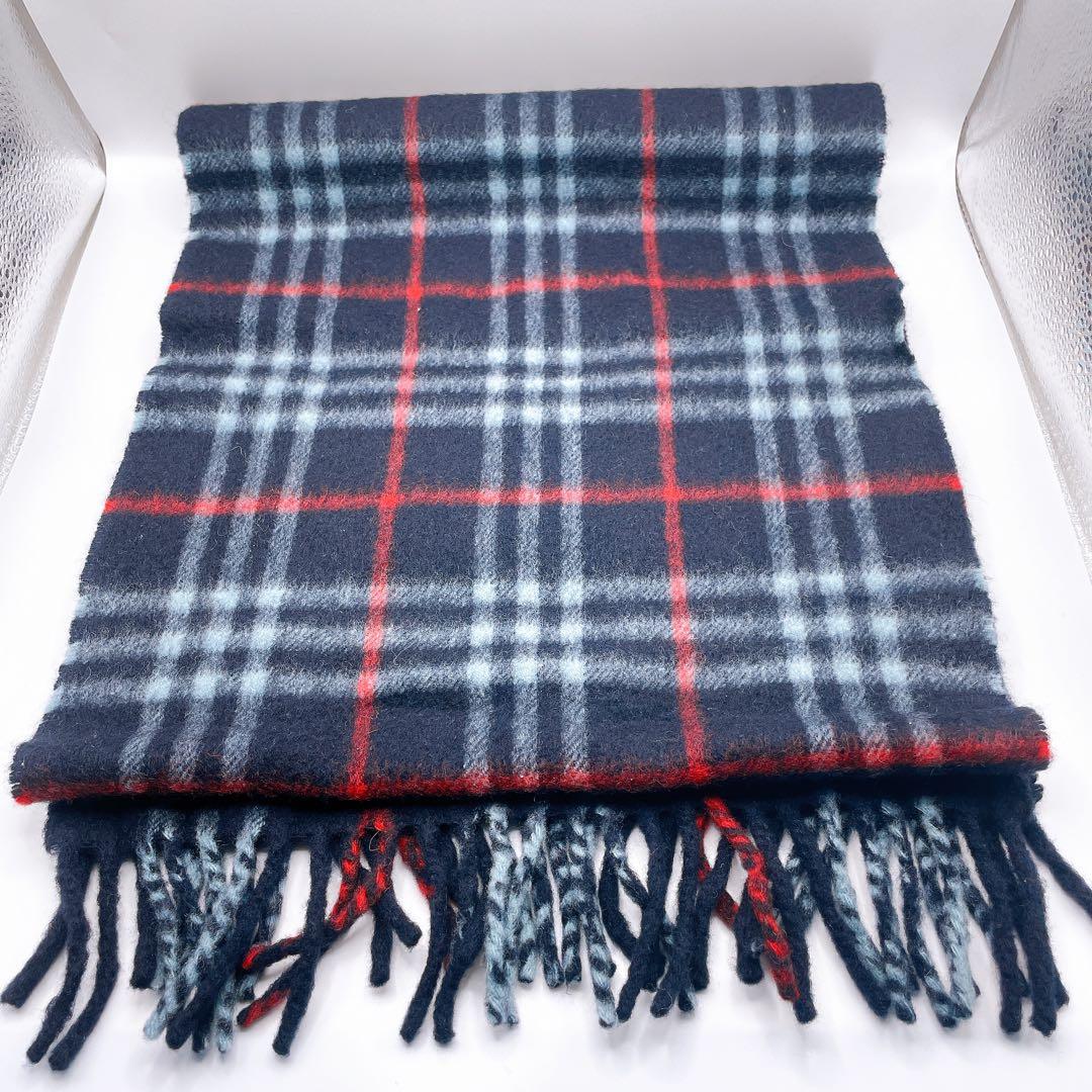 バーバリーズ カシミヤ100％ マフラー ノバチェック 英国製 ネイビー