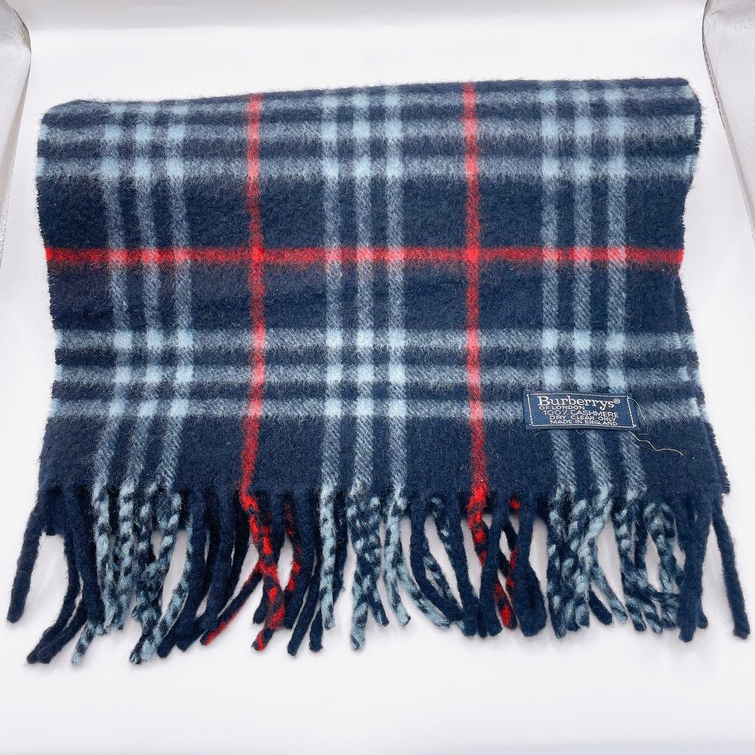 バーバリーズ カシミヤ100％ マフラー ノバチェック 英国製 ネイビー