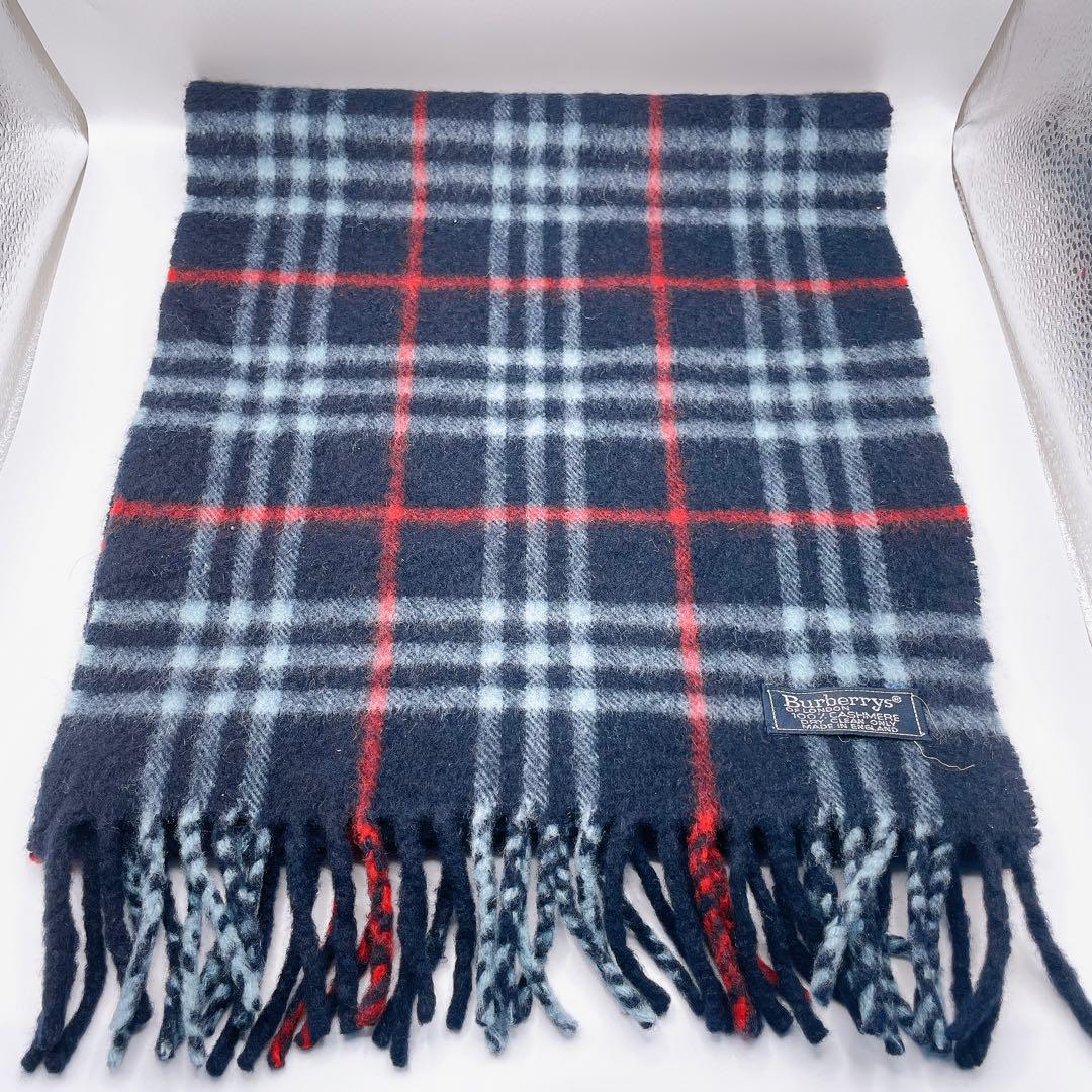 バーバリーズ カシミヤ100％ マフラー ノバチェック 英国製 ネイビー