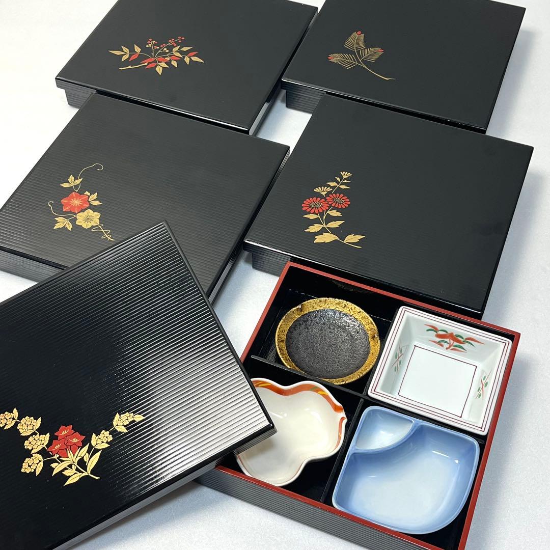 【松花堂】天然木　弁当箱　5客　仕切　小皿付　蓋付花柄5種