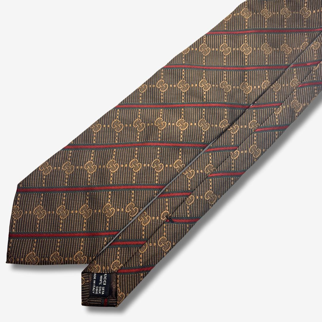 GUCCI シルクネクタイ GGロゴ シェリーライン ストライプ ブラウン