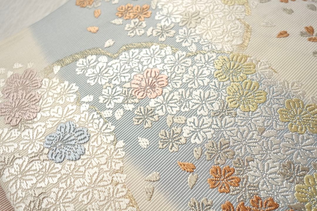 正絹　六通袋帯　雪輪に桜　唐織　入学式、卒業式など