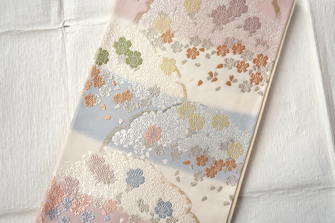 正絹　六通袋帯　雪輪に桜　唐織　入学式、卒業式など